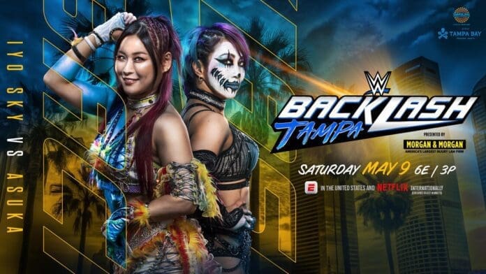IYO SKY vs ASUKA - WWE Backlash Official WWE Backlash Tampa 2026 promotional graphic featuring IYO SKY and Asuka posing in front of the event logo with a nighttime Tampa skyline background.