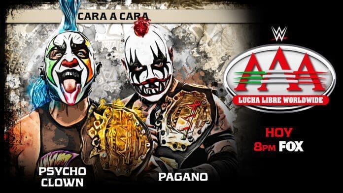 AAA promotional graphic featuring Psycho Clown and Pagano ahead of their face to face in Lucha Libre AAA.